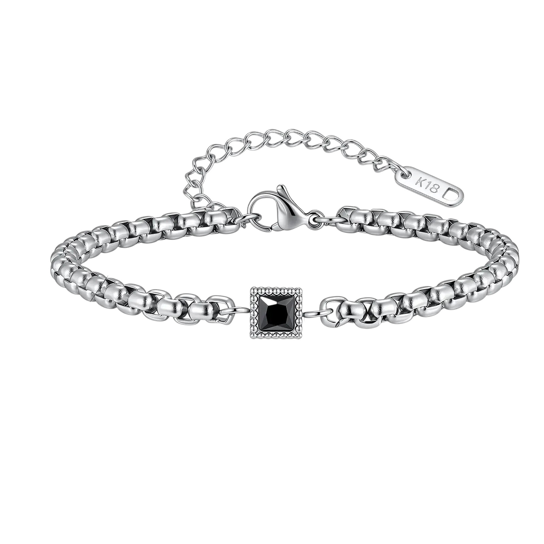 Aureliss Rex Zirkonia Armband aus Edelstahl mit quadratischen Gliedern und einem schwarzen Zirkonia-Anhänger