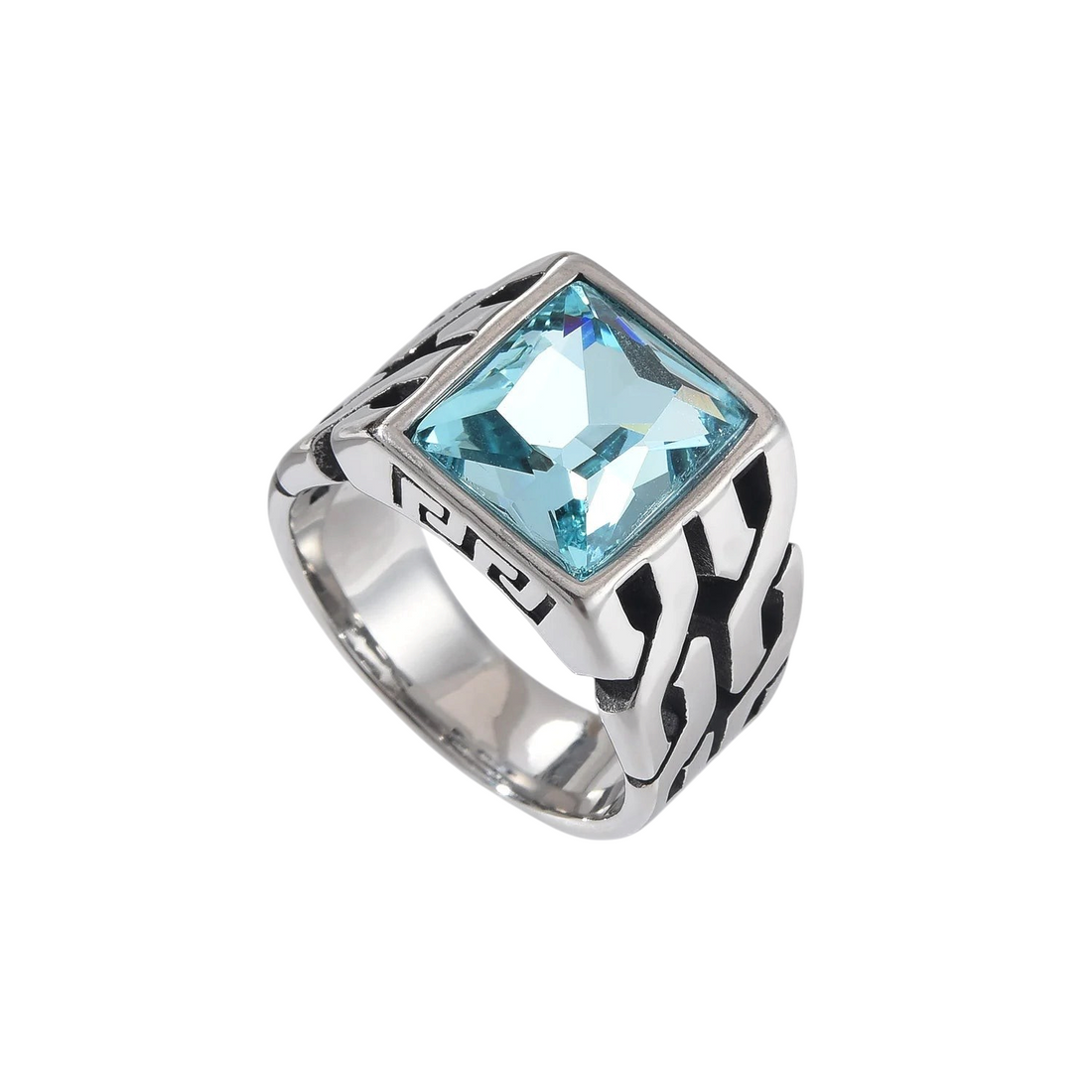 Aureliss Elias Herrenring aus Edelstahl mit quadratischem hellblauem Stein und detailliertem Muster an der Ringschiene