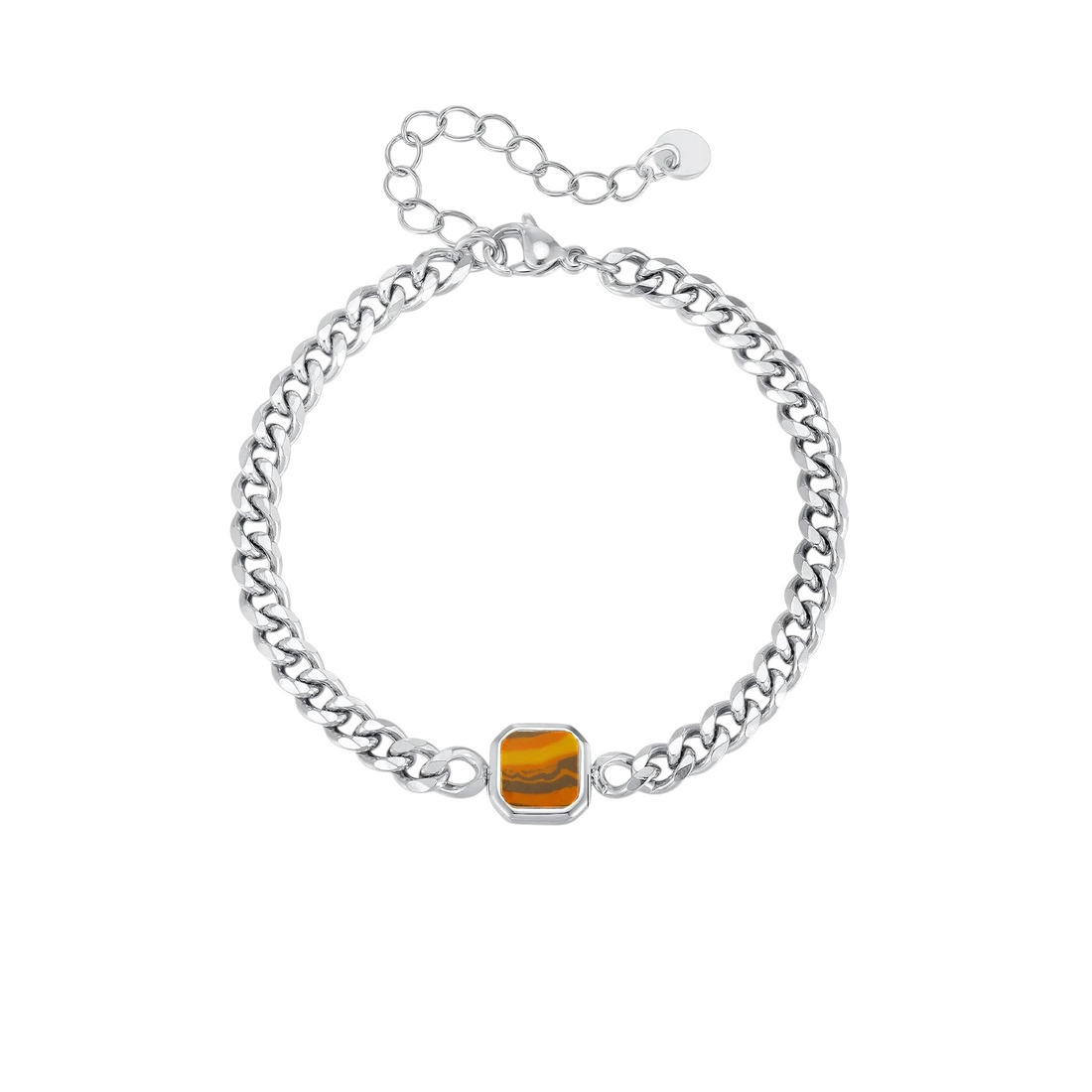 Aureliss Havana Panzerarmband aus silberfarbenem Edelstahl mit quadratischem Tigerauge-Stein und Karabinerverschluss