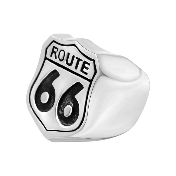Aureliss Herrenring aus silberfarbenem Edelstahl im Biker-Stil mit geprägtem Route-66-Motiv