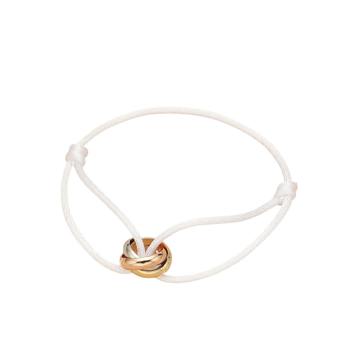 Aureliss Cruz Armband aus weissem Rope-Seil mit drei ineinander verschlungenen Edelstahlringen in Gold und Silber