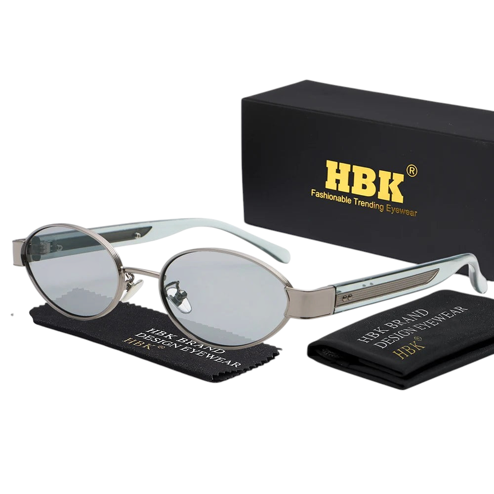 Aureliss Vance ovale Sonnenbrille mit grauem Metallrahmen, UV400-Gläsern und passendem Etui im Retro-Design