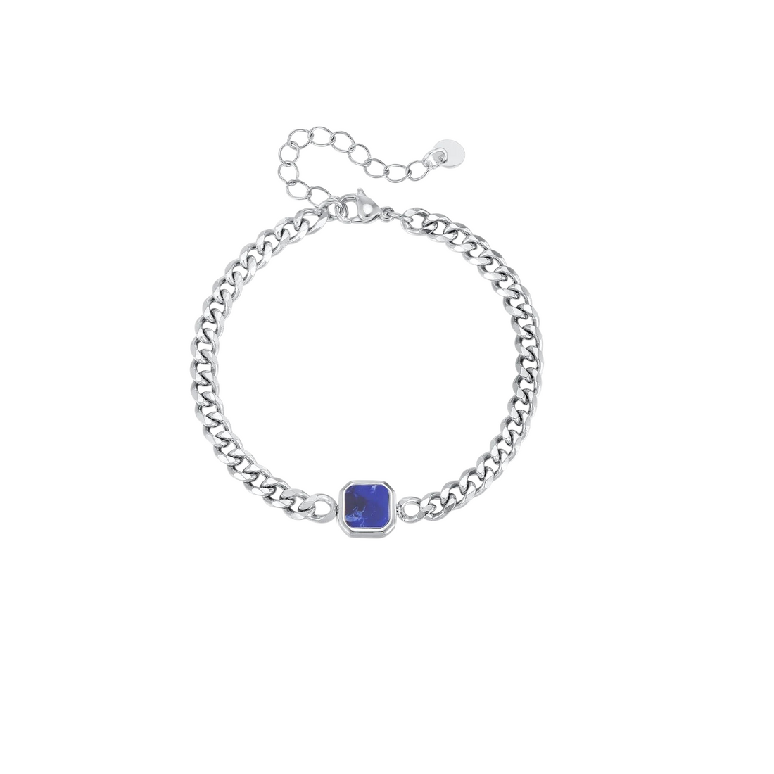 Aureliss Havana Panzerarmband aus silberfarbenem Edelstahl mit blauem quadratischem Stein und Karabinerverschluss