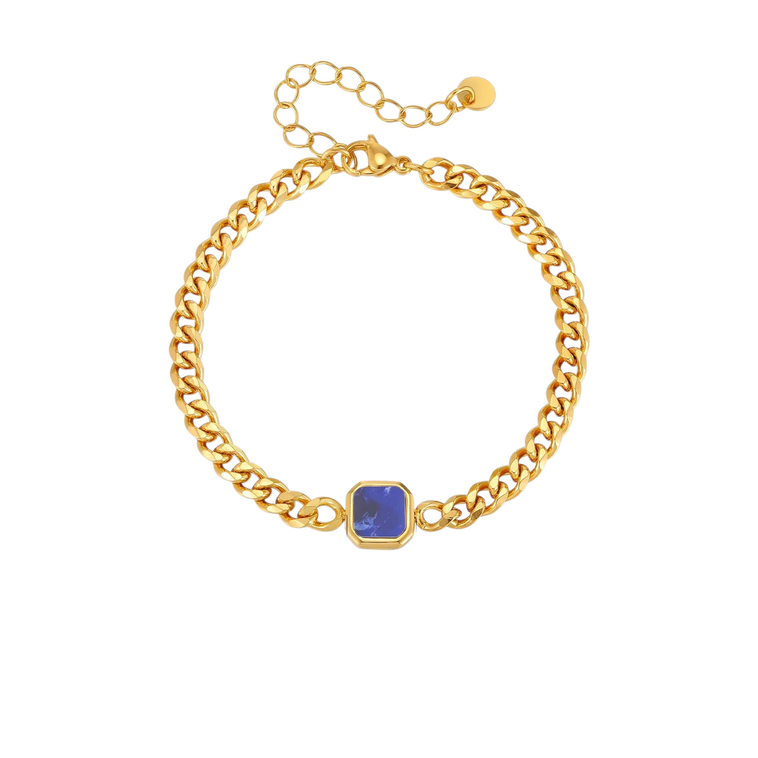 Aureliss Havana Panzerarmband aus goldfarbenem Edelstahl mit blauem quadratischem Stein und Karabinerverschluss