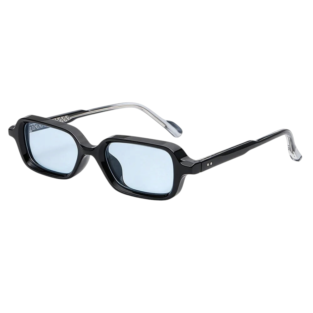 Aureliss Cole Sonnenbrille mit schwarzem Kunststoffrahmen und hellblauen Gläsern in rechteckiger Form