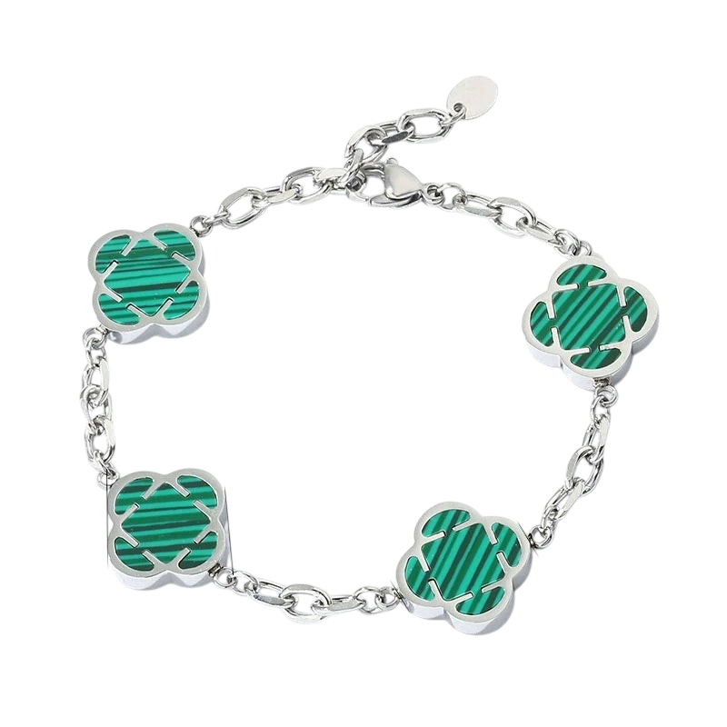 Aureliss Mika Armband aus silberfarbenem Edelstahl mit vier grünen Blütenblatt-Elementen in Kleeblatt-Optik