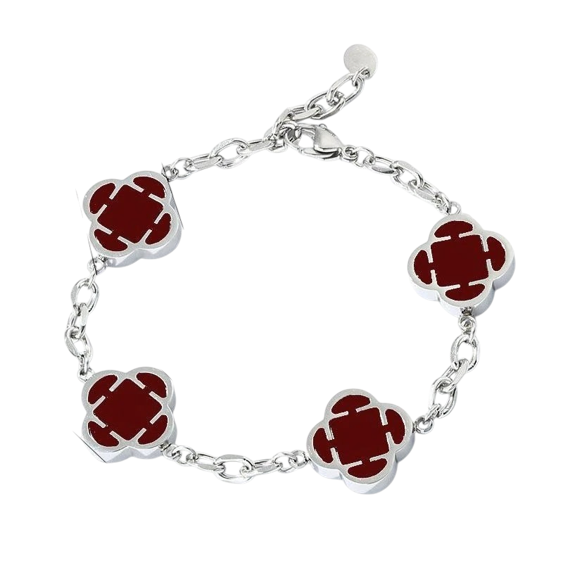 Aureliss Mika Armband aus silberfarbenem Edelstahl mit vier dunkelroten Blütenblatt-Elementen und Verlängerungskette