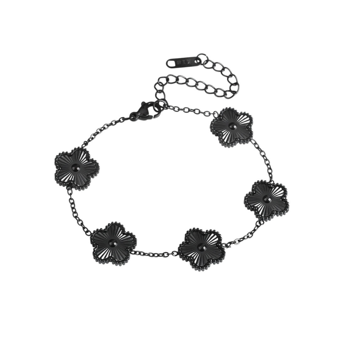 Aureliss Fynn Armband aus schwarzem Edelstahl mit fünf filigranen Blüten-Anhängern und verstellbarer Kette