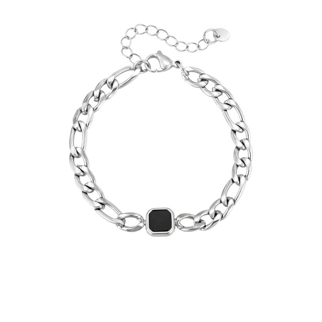 Aureliss Havana Panzerarmband aus silberfarbenem Edelstahl mit schwarzem quadratischem Element und Karabinerverschluss