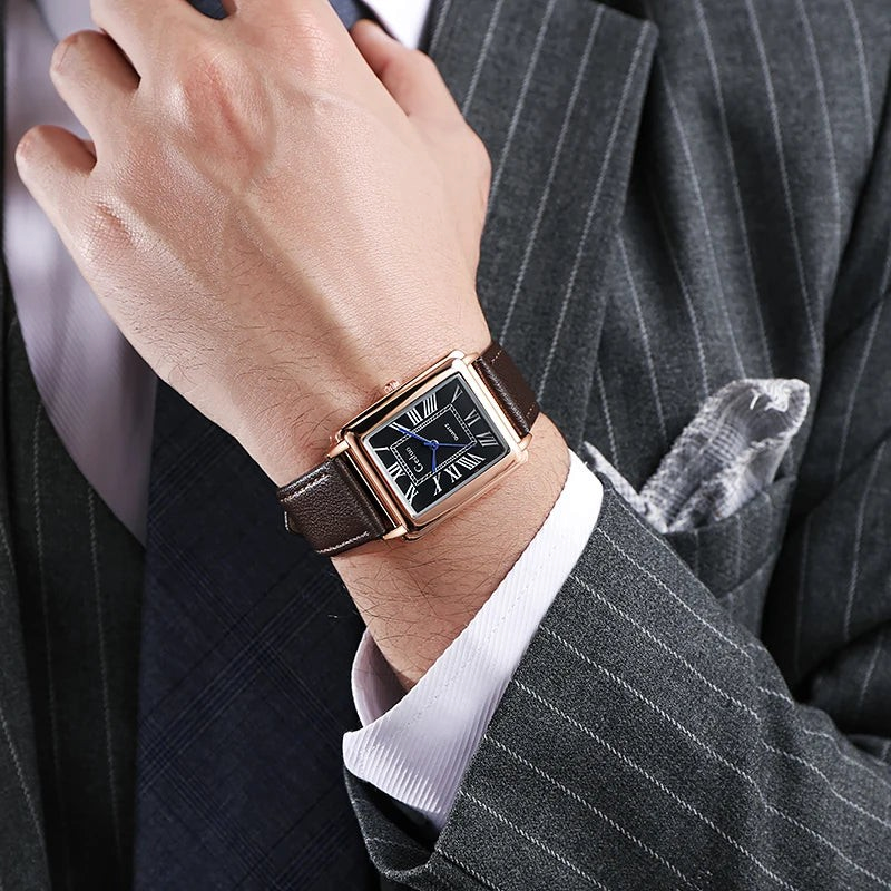 Aureliss Felix Herren-Quarzuhr mit rechteckigem Gehäuse, schwarzem Zifferblatt, römischen Ziffern und Lederarmband
