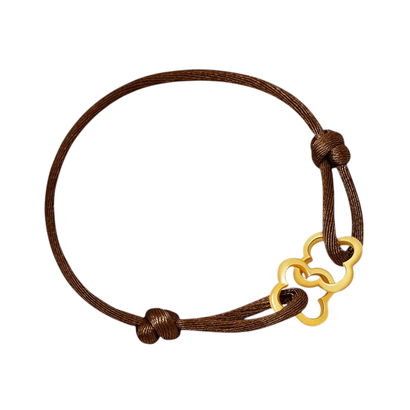 Aureliss geflochtenes braunes Textilarmband mit einem eleganten, goldfarbenen Kleeblatt-Anhänger und Knotenverschluss.