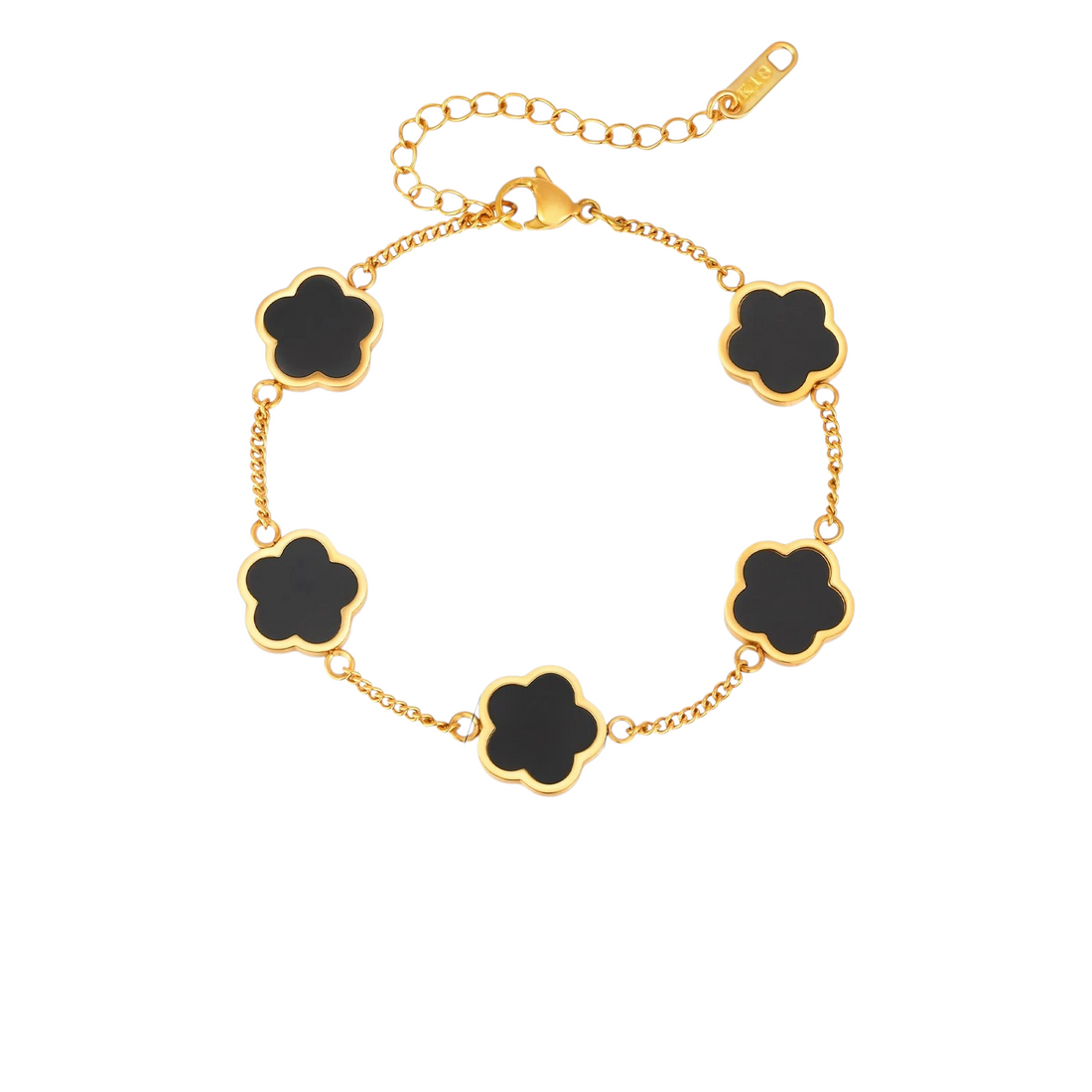 Aureliss Armband in Gold mit fünf schwarzen Blumenmotiven und verstellbarer Gliederkette auf weißem Hintergrund