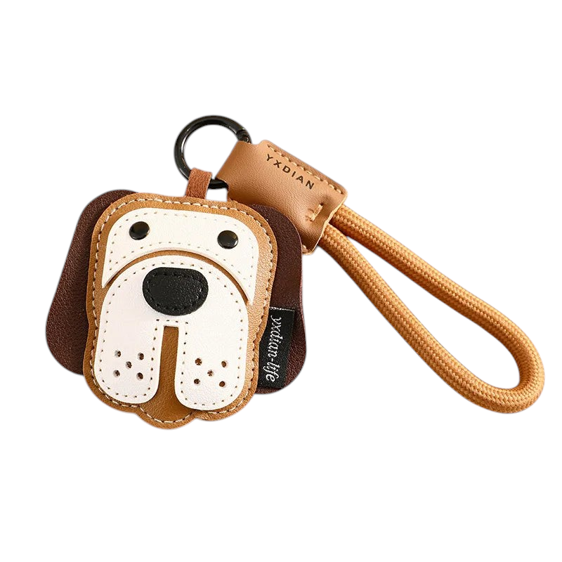 Aureliss Hunde Schlüsselanhänger aus braunem und weißem Leder mit robuster Trageschlaufe und verspieltem Design