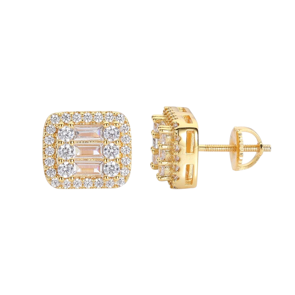 Aureliss quadratische Ohrstecker in Gold mit funkelnden Baguette- und Rundschliff-Steinen im Set
