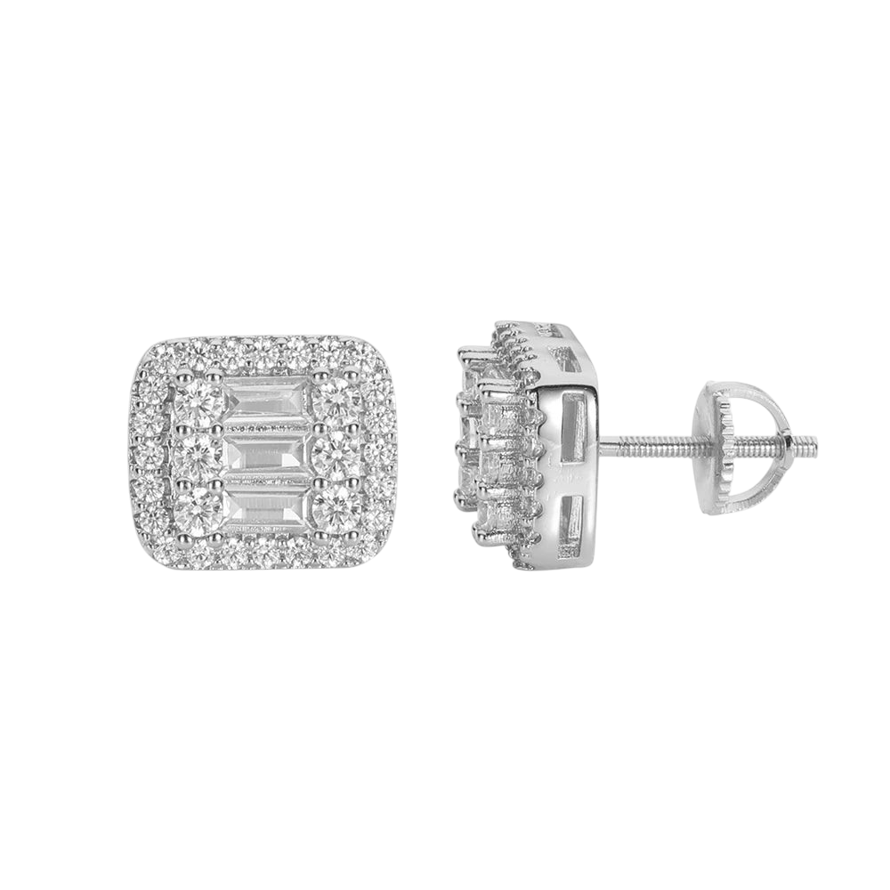 Aureliss quadratische Ohrstecker mit Baguette- und Rundschliff-Steinen in Silberoptik für eleganten Glanz.